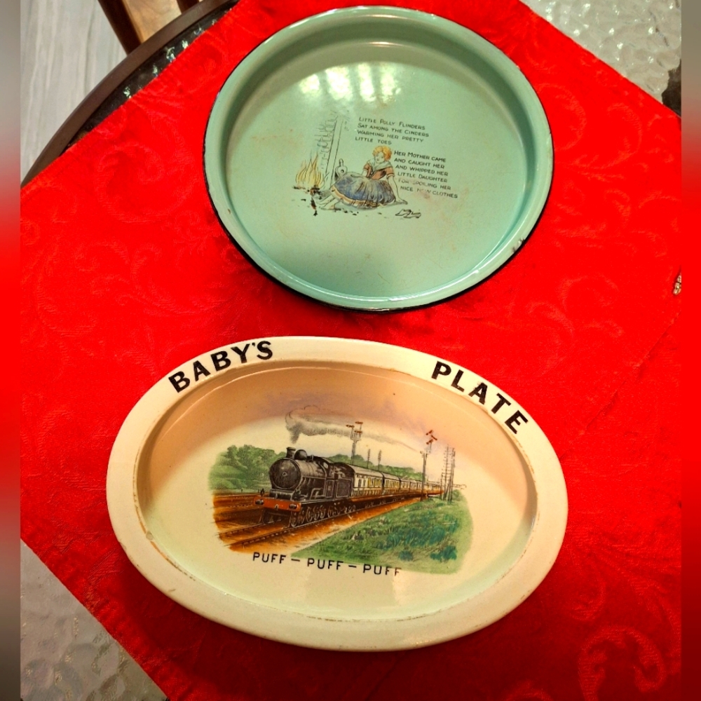 Children's Dishes 2 Pcs Carlton Ware Puff-Puff Train Dish & Metal Nursery Rhyme